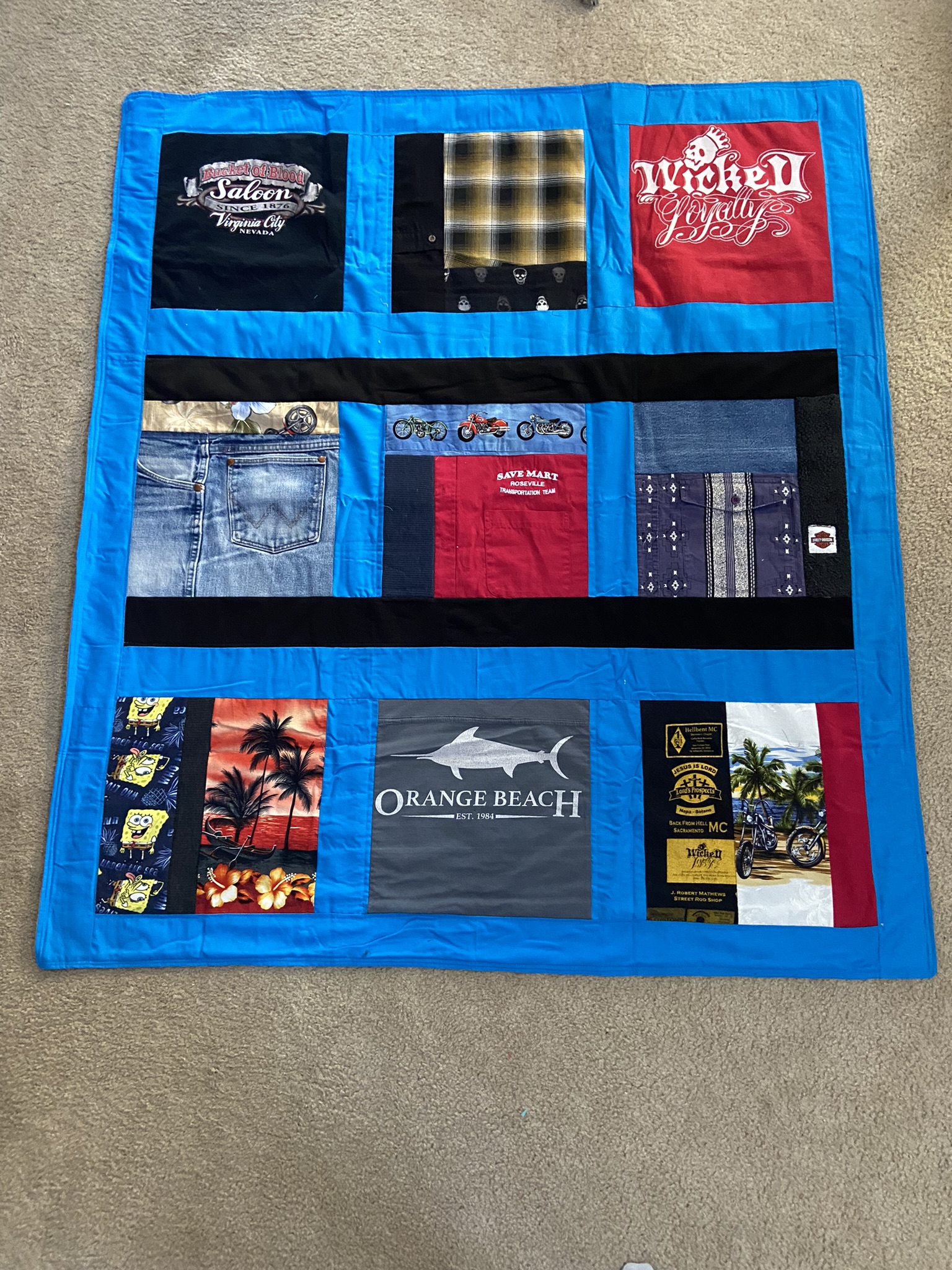 Blue quilt.